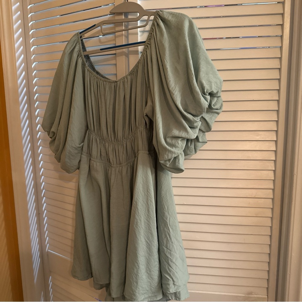 Altar'd State Sage Green Puff-Sleeve Mini Dress